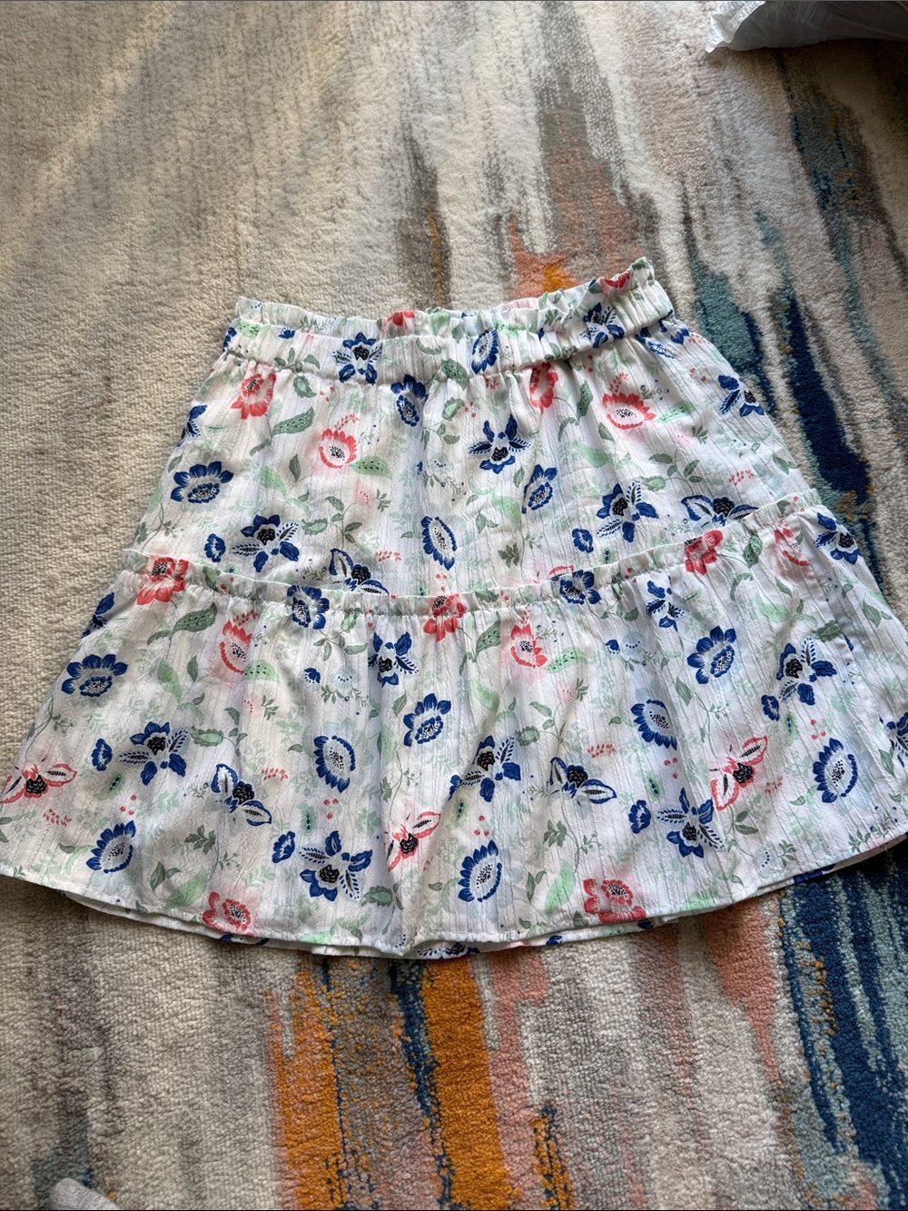 LOFT White Tiered Skirt with Blue and Pink Floral Print